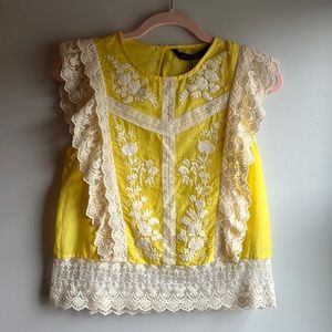 Zara Fine Floral Silky Slate Blue Lace Trim Top main image 1